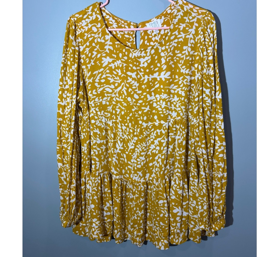 Time and Tru Mustard Yellow Floral Tiered Babydoll Tunic Top Womens Large 12-14